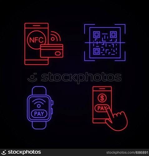 E-payment neon light icons set. Pay with smartphone, NFC smartwatch, QR code scanner, contactless payment. Glowing signs. Vector isolated illustrations. E-payment neon light icons set