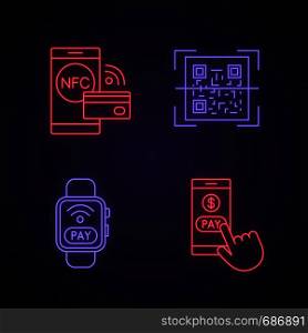 E-payment neon light icons set. Pay with smartphone, NFC smartwatch, QR code scanner, contactless payment. Glowing signs. Vector isolated illustrations. E-payment neon light icons set