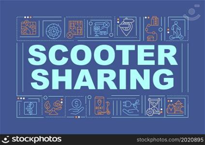 E-scooter share scheme word concepts banner. Eco urban transportation. Infographics with linear icons on blue background. Isolated creative typography. Vector outline color illustration with text. E-scooter share scheme word concepts banner