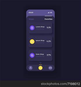E shopping application smartphone interface vector template. Mobile app page dark theme design layout. Favorite online stores list screen. Flat UI for application. Shops rating on phone display