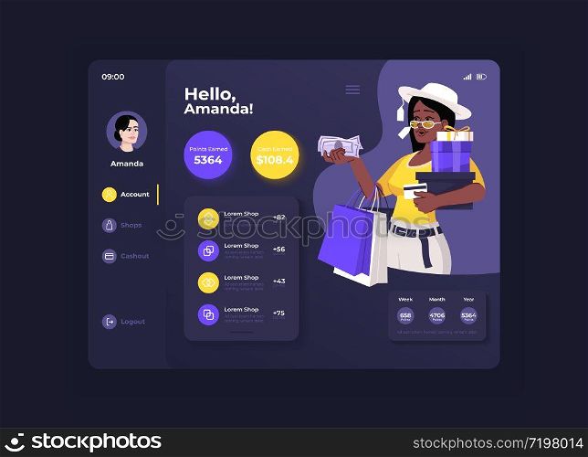 E shopping application tablet interface vector template. Mobile app page night mode design layout. Shopper profile screen. Flat UI for application. Account balance on portable device display