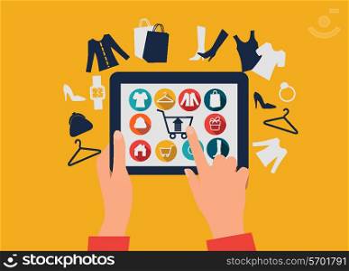 E-shopping concept. Hands touching a tablet with shopping icons.