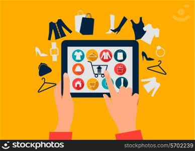E-shopping concept. Hands touching a tablet with shopping icons.