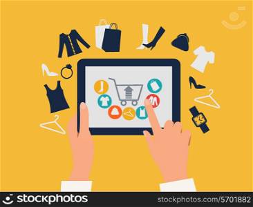 E-shopping concept. Hands touching a tablet with shopping icons. Vector.