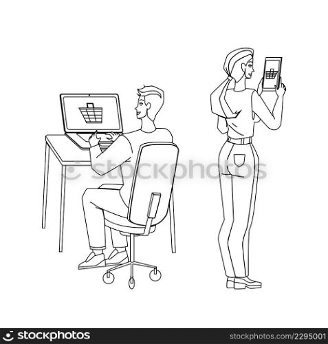 E-shopping Purchasing Man And Woman Couple Black Line Pencil Drawing Vector. Young Boy And Girl Using Smartphone And Laptop Application For E-shopping And Ordering Online. Characters Illustration. E-shopping Purchasing Man And Woman Couple Vector