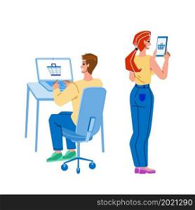 E-shopping Purchasing Man And Woman Couple Vector. Young Boy And Girl Using Smartphone And Laptop Application For E-shopping And Ordering Online. Characters Flat Cartoon Illustration. E-shopping Purchasing Man And Woman Couple Vector