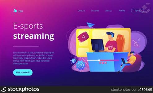 E-sport gamer live streaming online videogame play and viewer with laptop. E-sports streaming, live game show, online streaming business concept. Website vibrant violet landing web page template.. E-sport game streaming concept landing page.