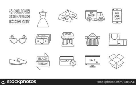 E-store icons. Web online shopping retail products electronic market smartphone pc sales discount cards money clothes vector thine line. Illustration of shopping icon, discount and purchase. E-store icons. Web online shopping retail products electronic market smartphone pc sales discount cards money clothes vector thine line
