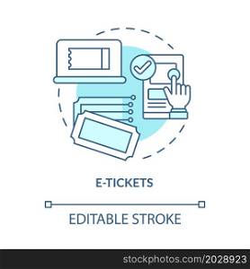 E-tickets blue concept icon. Ordering public transport tickets online. Passenger electronic document abstract idea thin line illustration. Vector isolated outline color drawing. Editable stroke. E-tickets blue concept icon