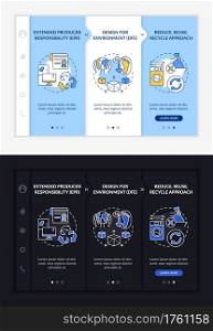 E-trash reducing strategy onboarding vector template. Responsive mobile website with icons. Web page walkthrough 3 step screens. Environment design night and day mode concept with linear illustrations. E-trash reducing strategy onboarding vector template