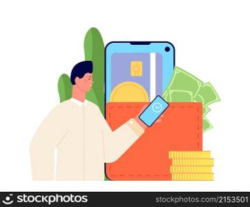 E-wallet concept. Mobile digital app, using access credit card. Payment with phone, cashless business deal. Man pays, transaction utter vector concept. Illustration payment wallet, money on smartphone. E-wallet concept. Mobile digital app, using access credit card. Payment with phone, cashless business deal. Man pays, transaction utter vector concept