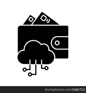 E-wallet glyph icon. Online money. E-payment. Digital wallet and cashless payments. Cloud computing. Silhouette symbol. Negative space. Vector isolated illustration. E-wallet glyph icon