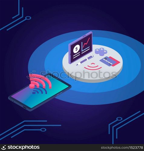 E wallet isometric color vector illustration. Credit card, electronic wallet smartphone app. IOT, debit card and mobile phone wireless connection 3d concept isolated on blue background
