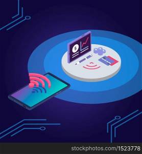 E wallet isometric color vector illustration. Credit card, electronic wallet smartphone app. IOT, debit card and mobile phone wireless connection 3d concept isolated on blue background