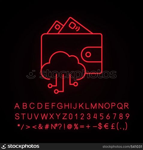 E-wallet neon light icon. Online money. Glowing sign with alphabet, numbers and symbols. E-payment. Digital wallet and cashless payments. Cloud computing. Vector isolated illustration. E-wallet neon light icon