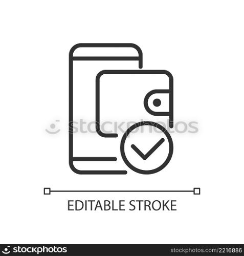 E wallet payment pixel perfect linear icon. Electronic account. Money transaction. Mobile banking. Thin line illustration. Contour symbol. Vector outline drawing. Editable stroke. Arial font used. E wallet payment pixel perfect linear icon