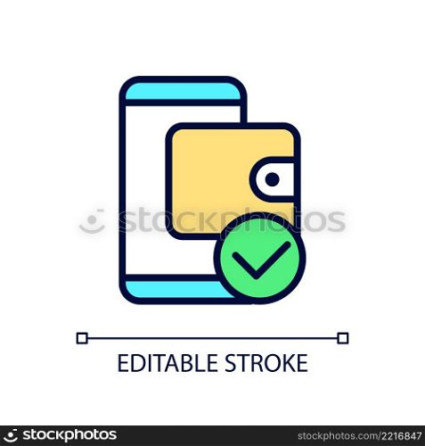 E wallet payment pixel perfect RGB color icon. Electronic account. Online money transaction. Mobile banking. Isolated vector illustration. Simple filled line drawing. Editable stroke. Arial font used. E wallet payment pixel perfect RGB color icon