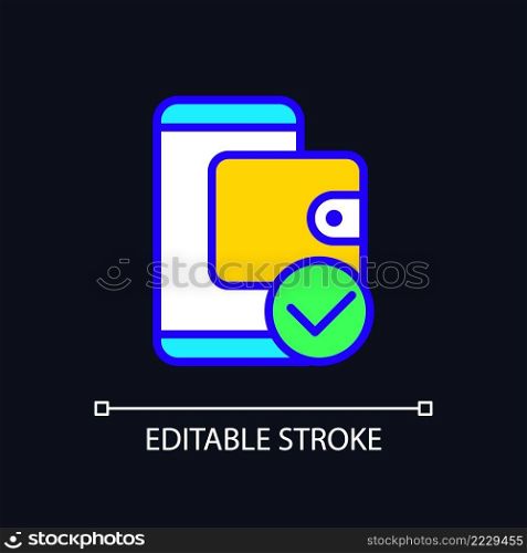 E wallet payment pixel perfect RGB color icon for dark theme. Electronic account. Online money transaction. Simple filled line drawing on night mode background. Editable stroke. Arial font used. E wallet payment pixel perfect RGB color icon for dark theme