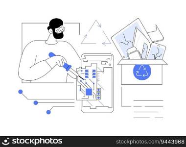 E-waste management abstract concept vector illustration. Man recycling old electronics, ecological consumption, green computing and disposal, electronic equipment reuse abstract metaphor.. E-waste management abstract concept vector illustration.