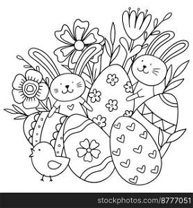 Eacter coloring. Vector illustration with rabbit, eggs and flowers isolated on a white background. 