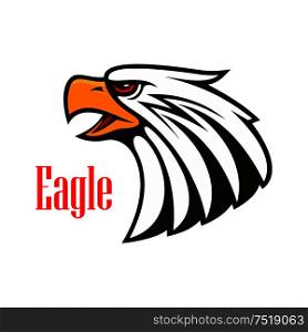 Eagle emblem. Vector icon of harsh crying hawk with open beak. Falcon label for team mascot shield, badge, sport, guard, club identity label. Bald Eagle crying. Vector emblem