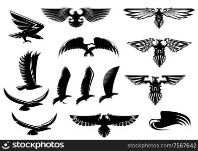 Eagle, falcon and hawk birds vector icons showing the bird flying or with outspread wings with feather detail