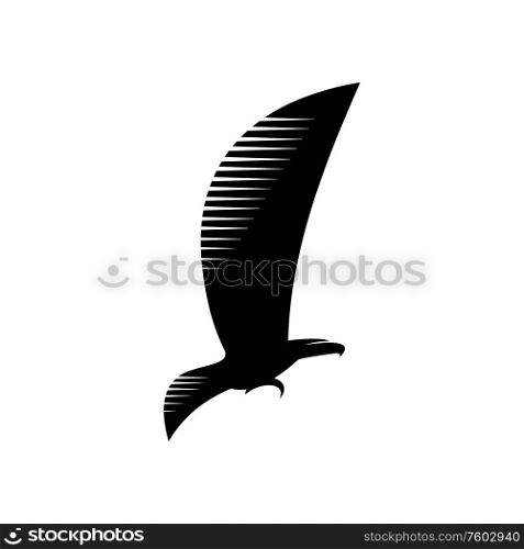 Eagle, falcon or hawk isolated icons. Vector flying bird with outspread wings, animal silhouette. Hawk with long wings isolated bird