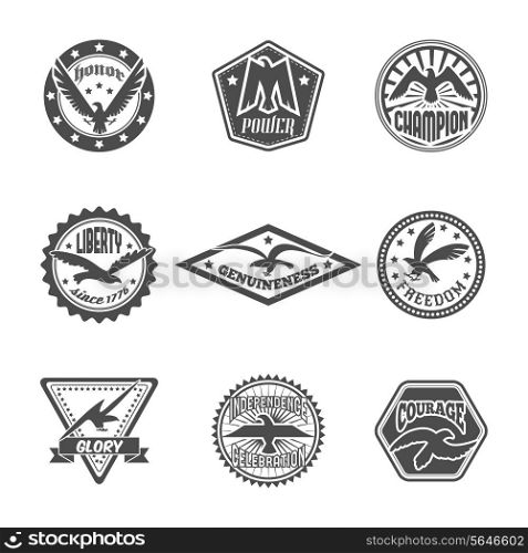 Eagle freedom independence power symbol premium quality labels icons set with displayed wings black isolated vector illustration