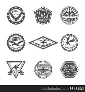 Eagle freedom independence power symbol premium quality labels icons set with displayed wings black isolated vector illustration