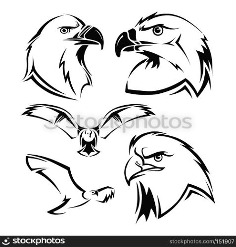 Eagle, hawk vector mascots set. Tattoo head of eagle and emblem freedom eagle illustration. Eagle, hawk vector mascots set