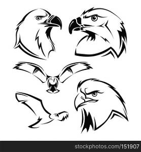 Eagle, hawk vector mascots set. Tattoo head of eagle and emblem freedom eagle illustration. Eagle, hawk vector mascots set
