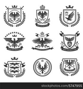 Eagle heraldry coat of arms emblems shield icons set with spread wings black isolated abstract vector illustration