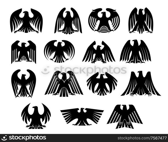 Eagle heraldry silhouettes set isolated on white background. Suitable for design as heraldic and logo