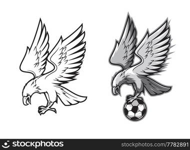 Eagle mascot with soccer football ball. Vector eagle, hawk or falcon bird holding soccer ball with claws and talons, sport club or team cartoon mascot with heraldic animal or bird of prey. Eagle bird mascot with soccer football ball