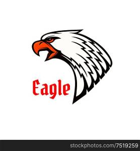 Eagle or hawk head mascot of screaming bird of prey with angry glance and open beak. Sporting club or team symbol, tattoo design. Eagle or hawk head mascot with screaming bird