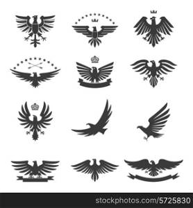Eagle silhouettes bird heraldic symbols icons black set isolated vector illustration