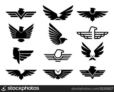 Eagle symbol. Silhouette flying eagles emblem, winged badge and freedom hawk wings stencil. Fly wing logo, falcon heraldic stamp or usa army uniform sticker. Isolated vector icons bundle. Eagle symbol. Silhouette flying eagles emblem, winged badge and freedom hawk wings stencil vector icons bundle