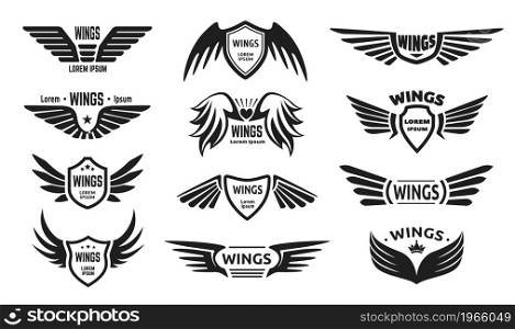 Eagle wing logo, wings with shield badge, pilot winged emblem. Black military insignia, flying falcon army label, angel wings logos vector set. Feathered stylized tattoo or logotype