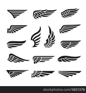 Eagle wings. Army minimal logo, wing graphics icons. Abstract retro black falcon bird badges, isolated flight emblem tidy vector collection on white. Eagle wings. Army minimal logo, wing graphics icons. Abstract retro black falcon bird badges, isolated flight emblem tidy vector collection