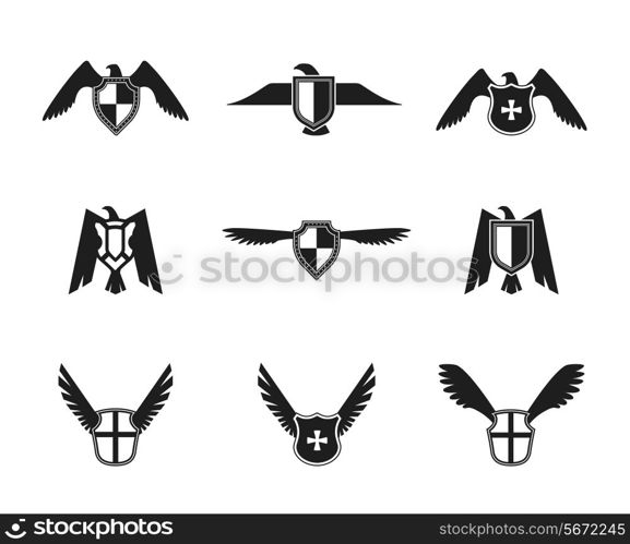 Eagle wings spread lift up and open symbolic protective imperial shield pictograms collection black isolated vector illustration.