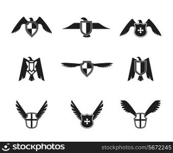 Eagle wings spread lift up and open symbolic protective imperial shield pictograms collection black isolated vector illustration.