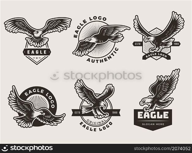 Eagles emblem. Stylized logotypes and badges with freedom birds wings silhouettes motorbike recent vector pictures. Emblem logo eagle, wildlife power badge illustration. Eagles emblem. Stylized logotypes and badges with freedom birds wings silhouettes motorbike recent vector pictures