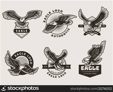 Eagles emblem. Stylized logotypes and badges with freedom birds wings silhouettes motorbike recent vector pictures. Emblem logo eagle, wildlife power badge illustration. Eagles emblem. Stylized logotypes and badges with freedom birds wings silhouettes motorbike recent vector pictures