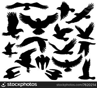 Eagles, falcons and predatory birds heraldry silhouettes. Vector isolated heraldic coat of arms symbols of vultures and hawks, flying birds of prey and bald eagle, falconry or falcon hunt. Predatory eagle or falcon hawk birds silhouettes