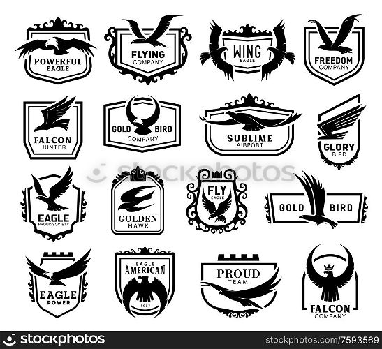 Eagles, hawks, kites and falcons coat of arms black silhouettes icons set, vector wild flying birds outspread wings for heraldry, hunting club design, mascot team, airport company monochrome symbol. Falcons eagles hawks falcons monochrome icons