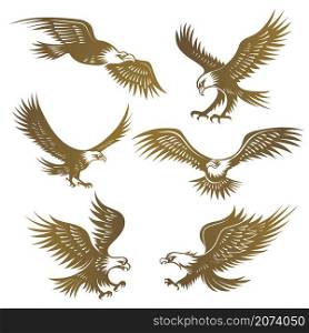 Eagles stylized. Flying wild freedom birds hawk recent vector emblems. Illustration freedom eagle animal logo, emblem wildlife predator mascot. Eagles stylized. Flying wild freedom birds hawk recent vector emblems