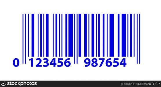 EAN code icon, linear bar code ean13. Product label sticker, blue stripes and numbers on white background. Vector illustration