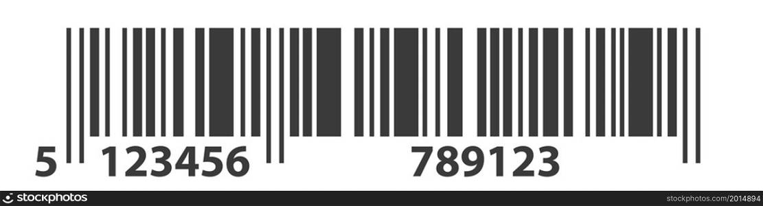 EAN code sticker, linear barcode, abstract product label for scan and code reader. Ean 13 numbered icon. Black on white background isolated, vector illustration