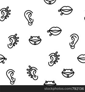 Ear And Lips Piercing Seamless Pattern Vector. Jewelry Earring And Mouth Decoration Piercing Monochrome Texture Icons. Facial Part Fashion Metallic Accessory Template Flat Illustration. Ear And Lips Piercing Seamless Pattern Vector