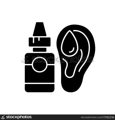 Ear drops black glyph icon. Earwax removing. Ear infections, inflammations prevention. Acute otitis media treatment. Reducing pain. Silhouette symbol on white space. Vector isolated illustration. Ear drops black glyph icon